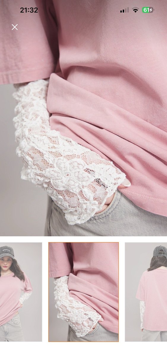Dantel Detaylı Pembe Pamuklu Tişört - Görsel 2
