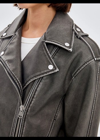 Gri Deri Biker Ceket - Görsel 2