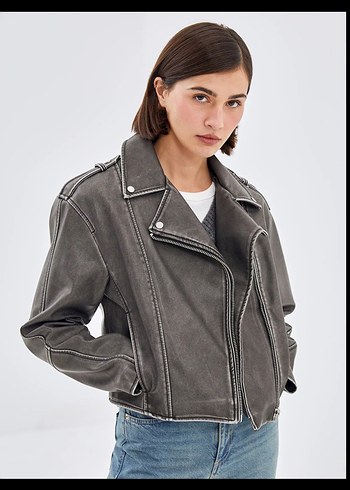 Gri Deri Biker Ceket - Görsel 3