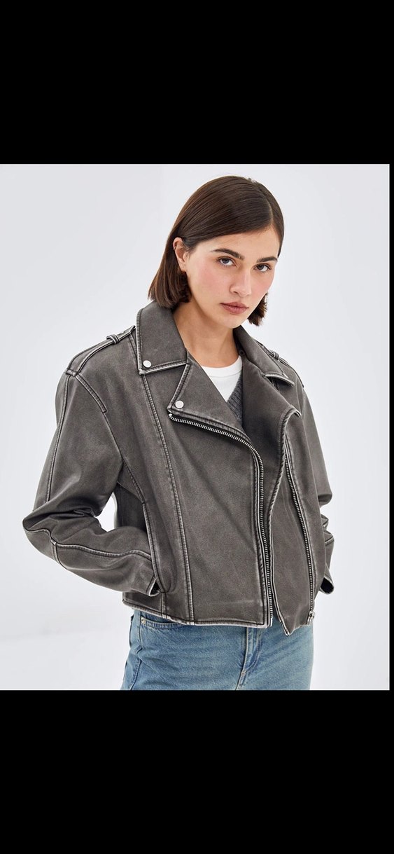 Gri Deri Biker Ceket - Görsel 3