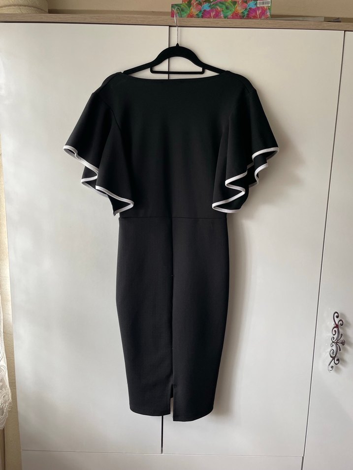 Siyah V Yaka Drapeli Midi Elbise - Görsel 3