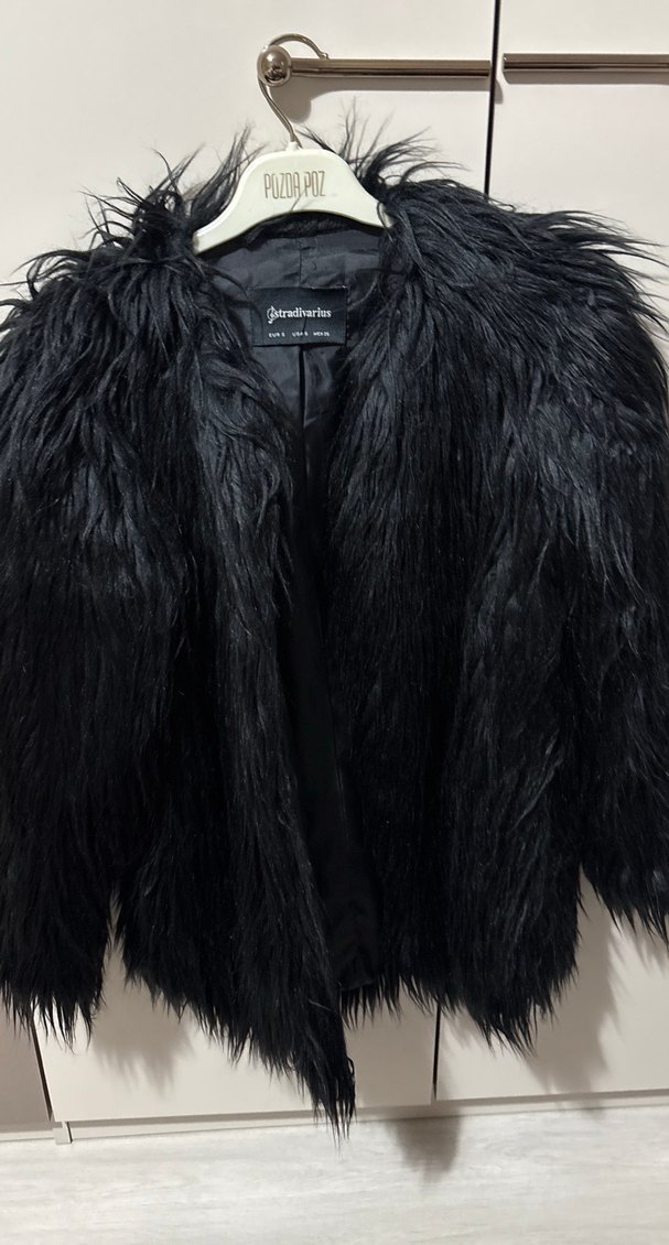 Siyah Kadın Kürk Detaylı Midi Ceket - Görsel 2