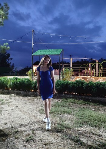 Parlak Mavi Straplez Midi Kadın Abiye Elbise - Görsel 2