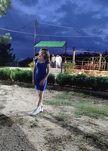 Parlak Mavi Straplez Midi Kadın Abiye Elbise - Görsel 4