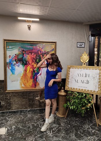 Parlak Mavi Straplez Midi Kadın Abiye Elbise - Görsel 3