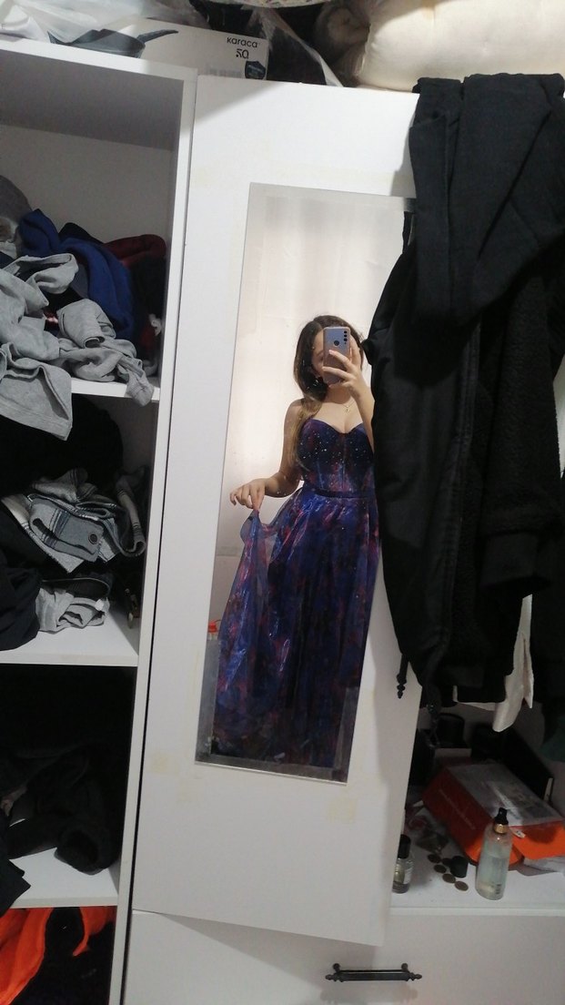 Mor Straplez Transparan Midi Nişan Elbisesi - Görsel 2