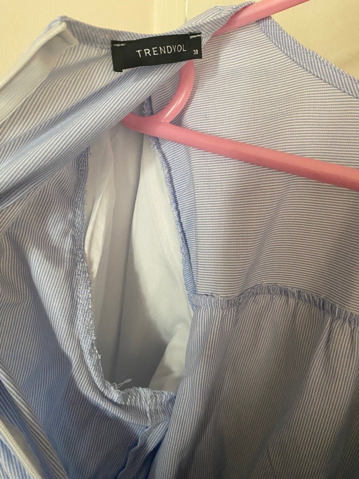 Trendyolmilla Mavi Uzun Keten Elbise, Fırfırlı, Rahat Kesim - Görsel 4