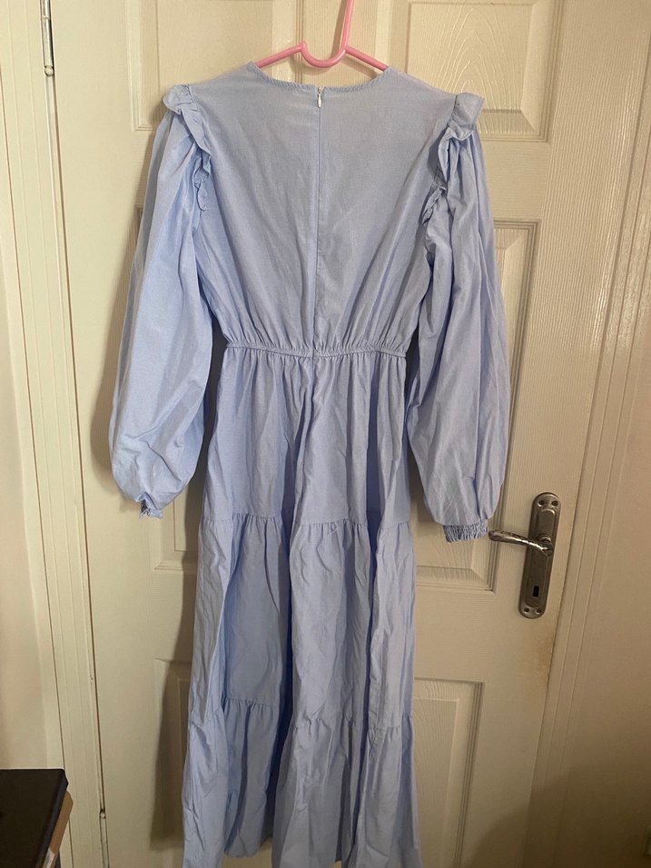 Trendyolmilla Mavi Uzun Keten Elbise, Fırfırlı, Rahat Kesim - Görsel 3