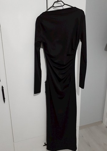 Uzun Kollu Siyah Drapeli V Yaka Gece Elbisesi - Görsel 2