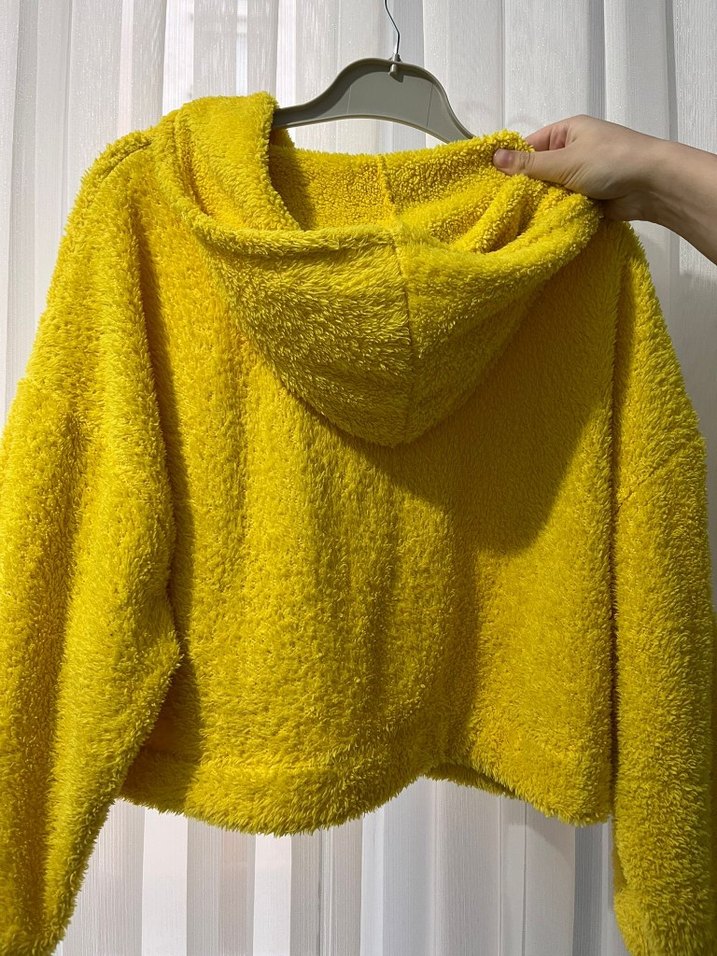 Sarı Kapüşonlu Peluş Kadın Ceket - Görsel 2