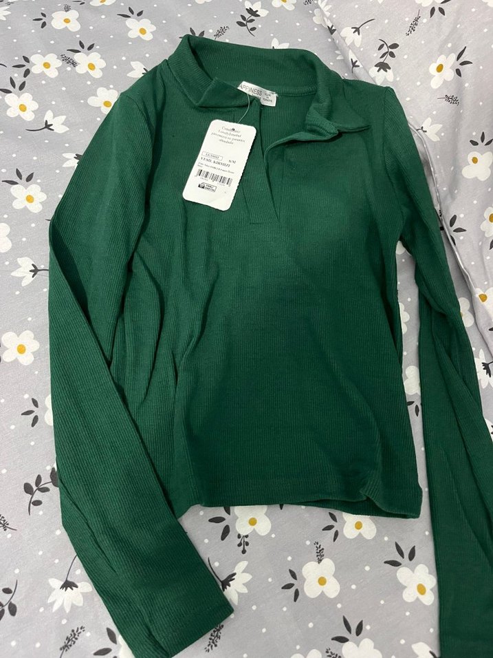 Yeşil Pamuklu Örgü Polo Yaka Kazak - Görsel 2