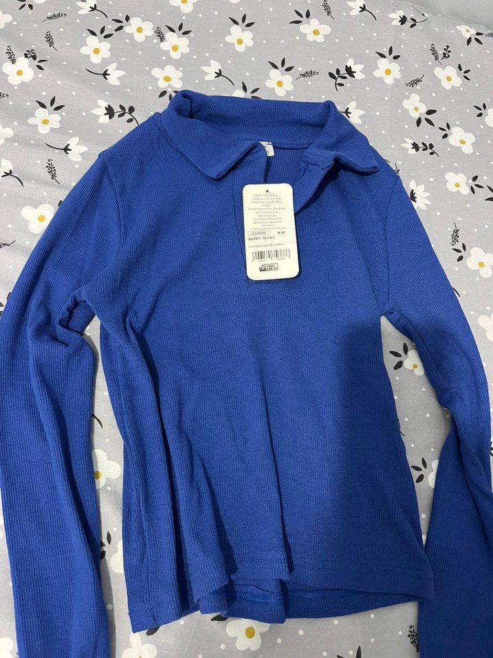 Kadın Mavi Pamuklu Triko Polo Yaka Kazak - Görsel 2