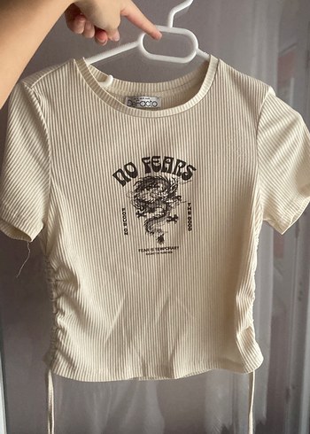 Kızlar için bej kısa kollu baskılı tişört