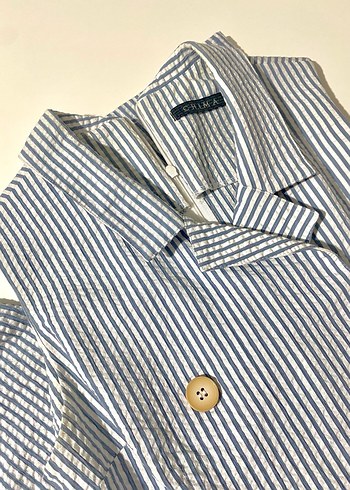 Mavi beyaz çizgili kemer detaylı ara boy tulum. - Görsel 3