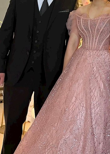 Pembe Parlak İşlemeli Straplez Uzun Abiye - Görsel 2