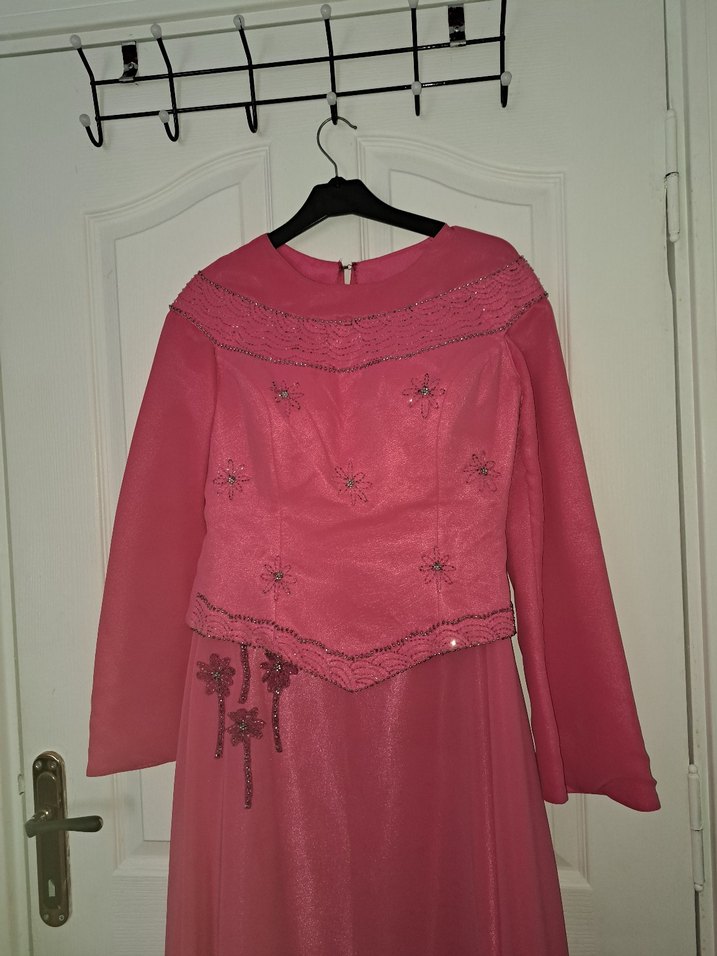 Pembe Vintage Nakışlı Nişan Uzun Abiye Elbise - Görsel 3