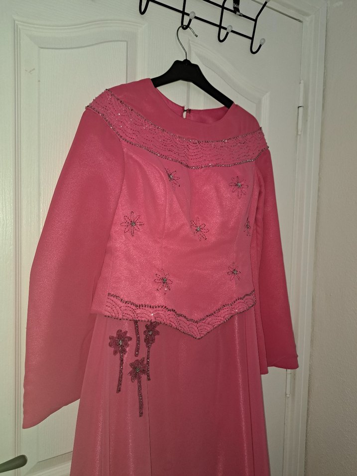 Pembe Vintage Nakışlı Nişan Uzun Abiye Elbise - Görsel 2