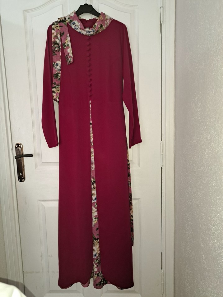 Düğmeli Mürdüm Uzun Elbise - Görsel 2