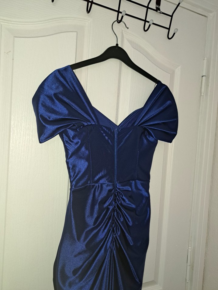 Lacivert Drapeli V Yaka Uzun Abiye Elbise - Görsel 4