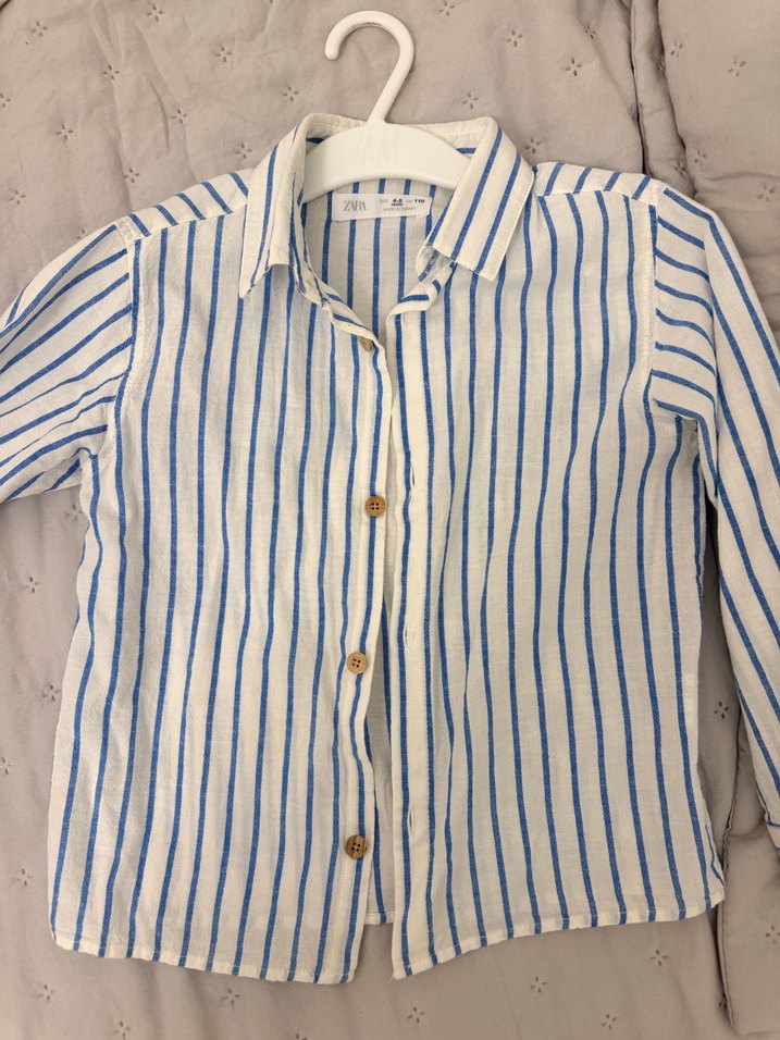 Mavi Çizgili Erkek  çocuk Keten Gömlek - Görsel 2