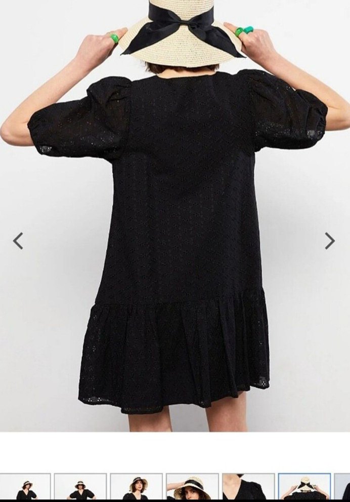 Siyah V Yakalı Mini Brode Elbise - Görsel 3