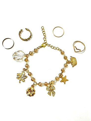 4lü yüzük ve 6 charmlı gold bileklik