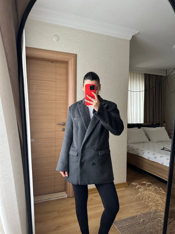 H&M Gri Midi Kadın Blazer Ceket - Görsel 4