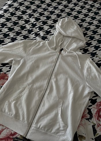 Kadın Beyaz Kapüşonlu Fermuarlı Ceket - Görsel 3