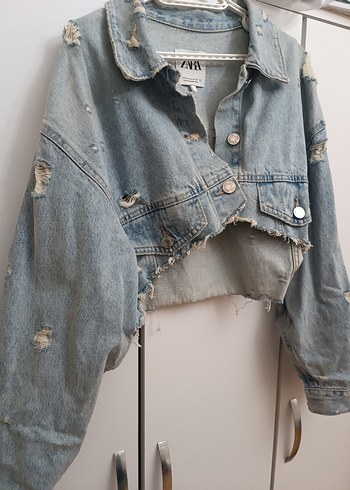 Kadın Mavi Yırtık Denim Ceket - Görsel 2