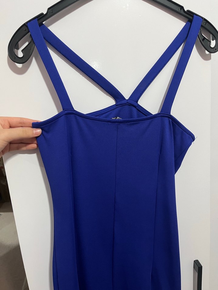 Parlak Mavi Mini Drapeli Straplez Elbise - Görsel 2