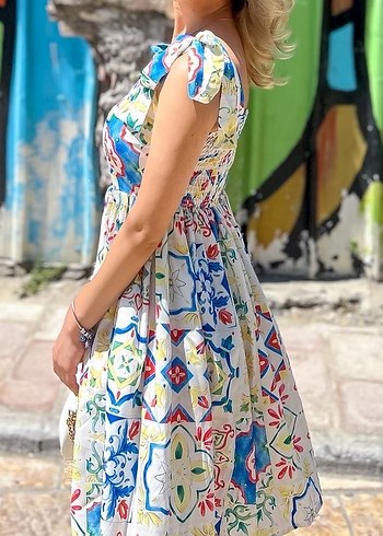 Renkli mermer desen Elbise Omuz bağlama Detaylı - Görsel 6