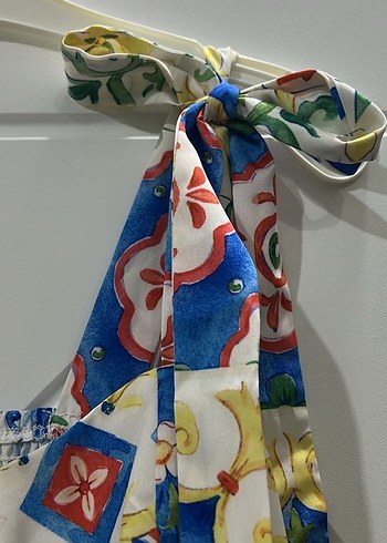 Renkli mermer desen Elbise Omuz bağlama Detaylı - Görsel 5