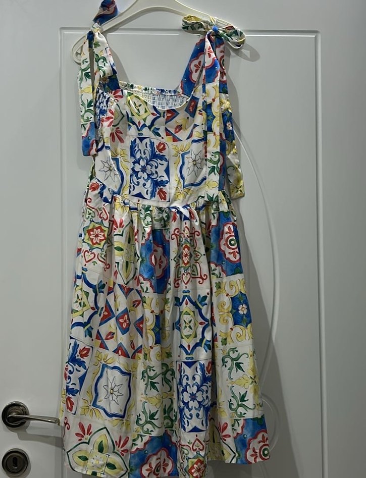 Renkli mermer desen Elbise Omuz bağlama Detaylı - Görsel 4