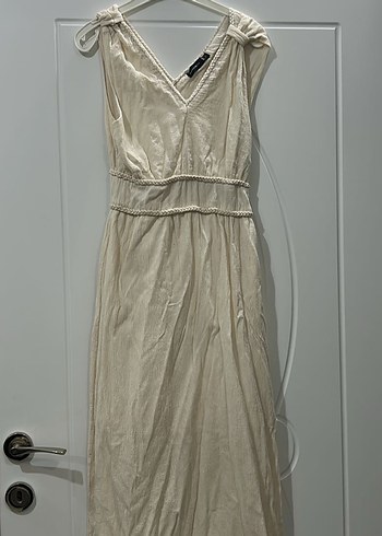 Beyaz Bohem V Yaka Uzun Keten Elbise - Görsel 7