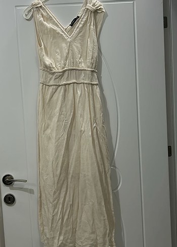 Beyaz Bohem V Yaka Uzun Keten Elbise - Görsel 3