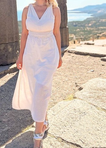 Beyaz Bohem V Yaka Uzun Keten Elbise - Görsel 8