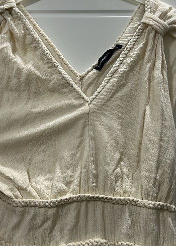 Beyaz Bohem V Yaka Uzun Keten Elbise - Görsel 6