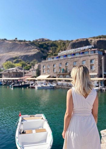 Beyaz Bohem V Yaka Uzun Keten Elbise - Görsel 2