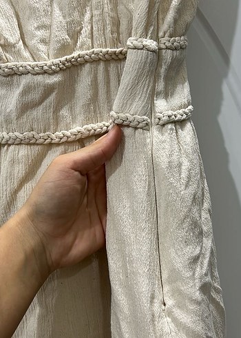Beyaz Bohem V Yaka Uzun Keten Elbise - Görsel 5