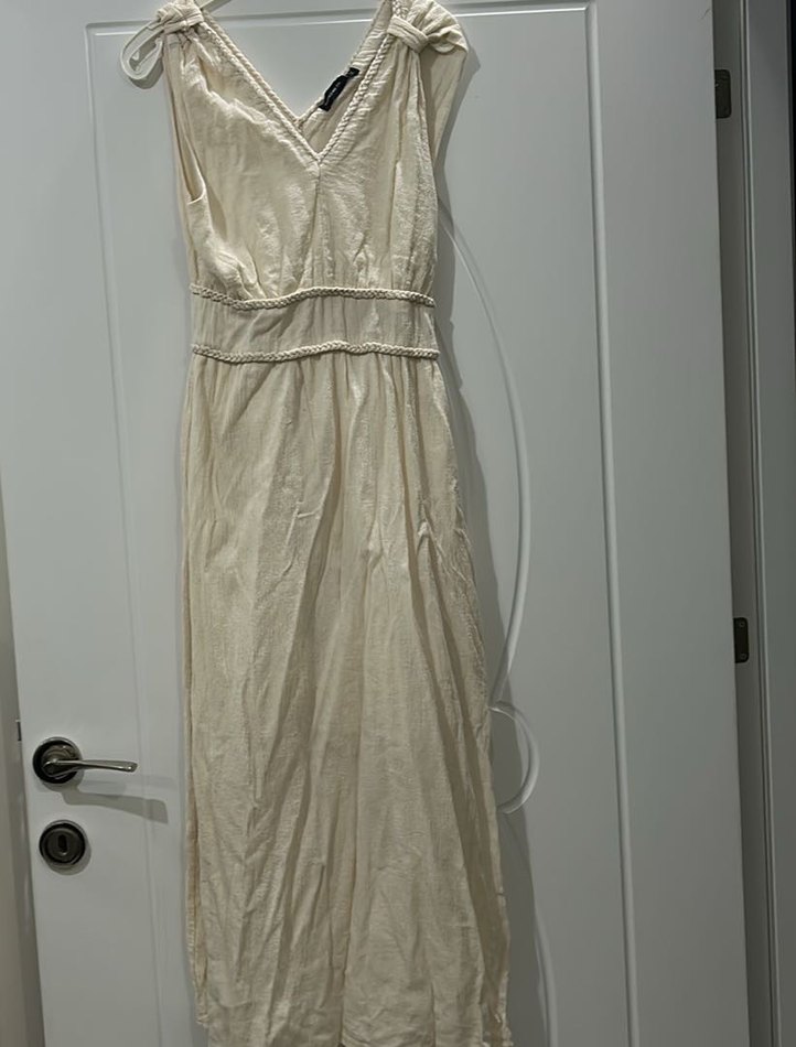 Beyaz Bohem V Yaka Uzun Keten Elbise - Görsel 3