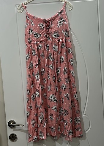 Pembe çok tatlı göğüsten ipli bağlamalı elbise - Görsel 3