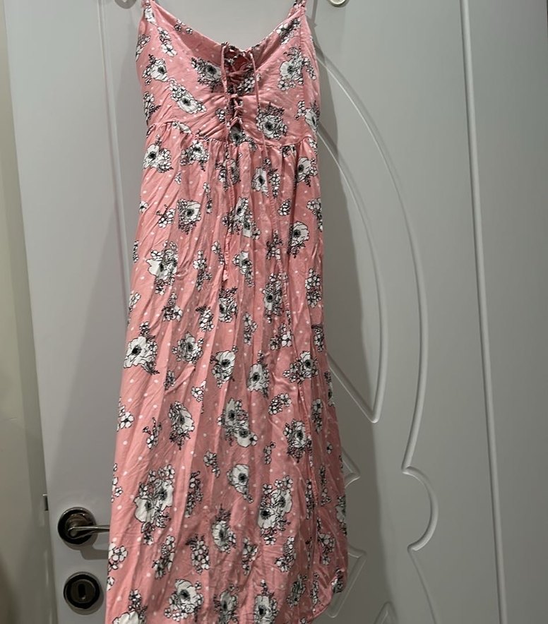 Pembe çok tatlı göğüsten ipli bağlamalı elbise - Görsel 4