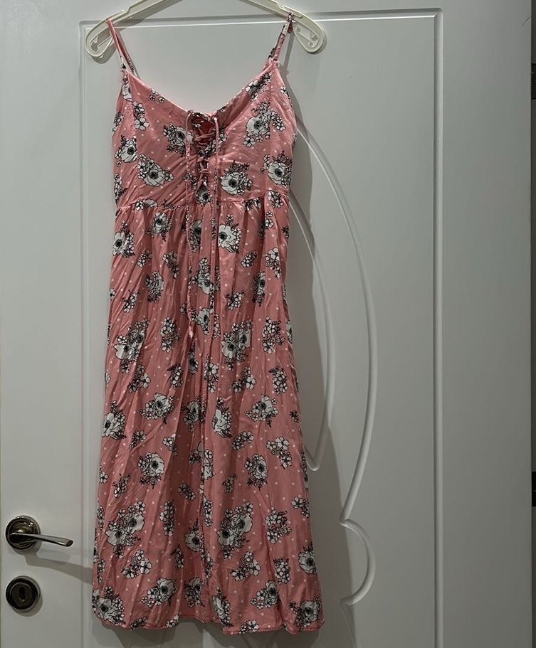 Pembe çok tatlı göğüsten ipli bağlamalı elbise - Görsel 5