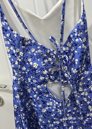 Mavi Çiçekli Midi Strappy Elbise - Görsel 2