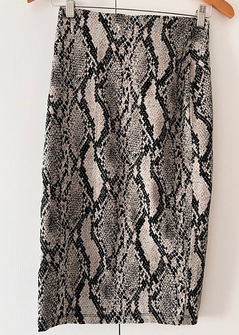 Düğmeli Gri Yılan Desenli Midi Etek - Görsel 2