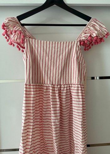 Pembe Çizgili ponpon şeritli uzun elbise - Görsel 4