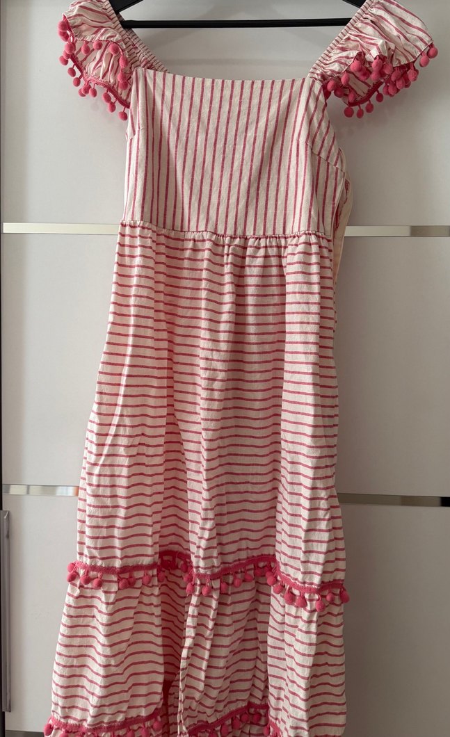 Pembe Çizgili ponpon şeritli uzun elbise - Görsel 5