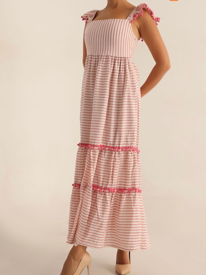 Pembe Çizgili ponpon şeritli uzun elbise - Görsel 3