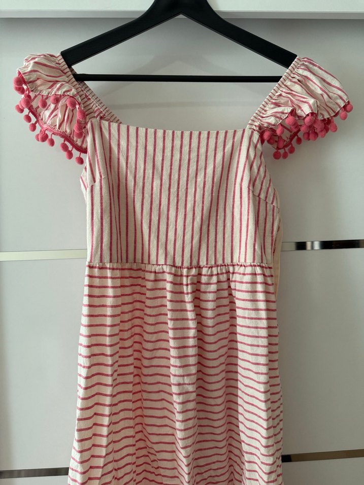 Pembe Çizgili ponpon şeritli uzun elbise - Görsel 4