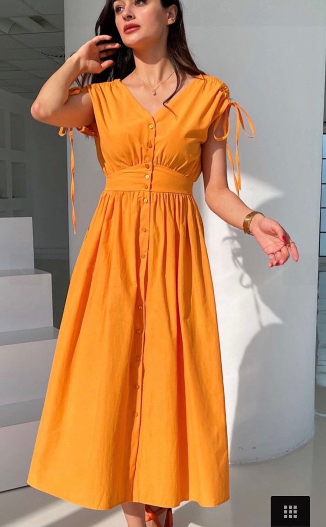 Turuncu V Yaka midi elbise - Görsel 2